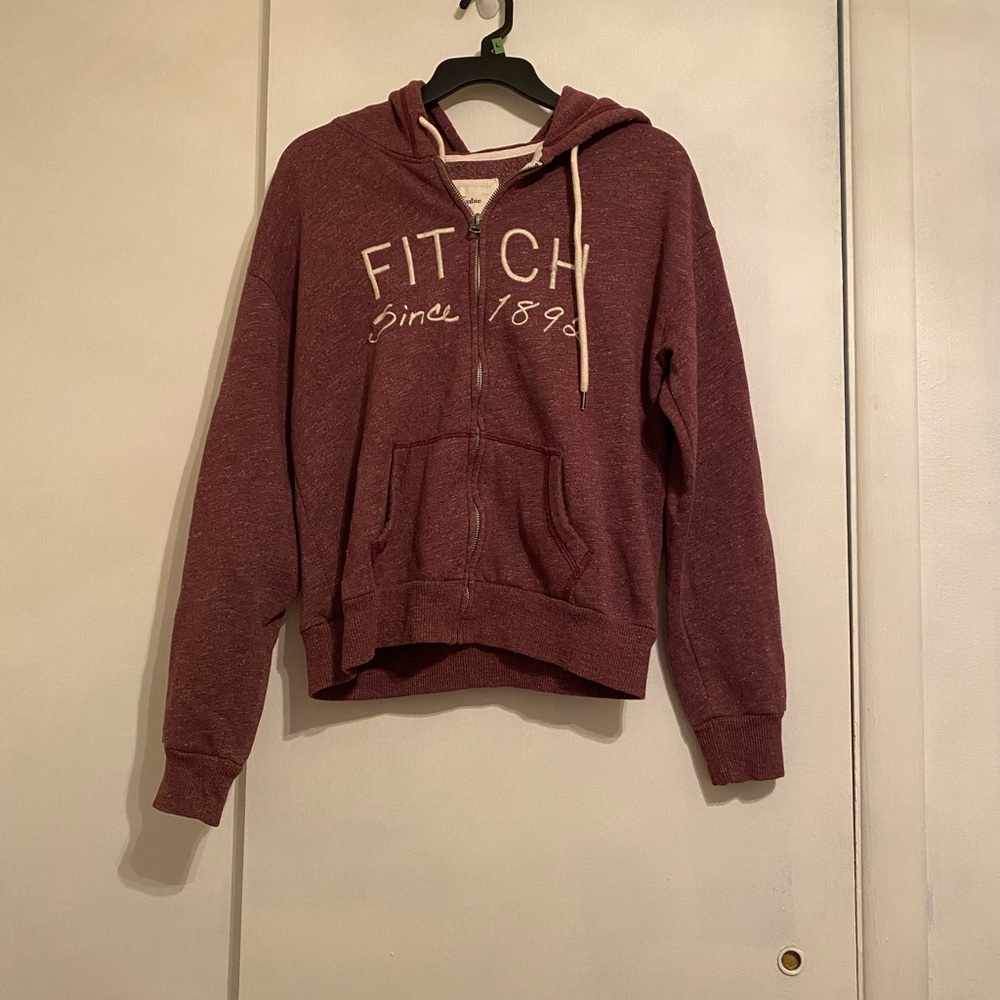 Abercrombie & Fitch Burgundy Zip Front w/Writing on Front Hoodie Sweater, (Med)
